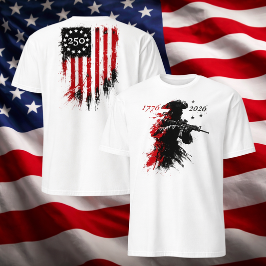 [Two Side] Patriotic 250th Anniversary T-Shirt – 1776–2026 American Flag & Soldier Graphic Tee