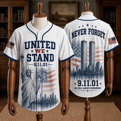 Never Forget 9/11 Memorial Baseball Jersey - Twin Towers & Firefighter Tribute
