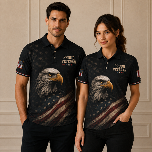 Proud Veteran Eagle Polo Shirt – Black American Flag Patriotic Military Tribute Polo
