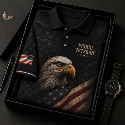 Proud Veteran Eagle Polo Shirt – Black American Flag Patriotic Military Tribute Polo