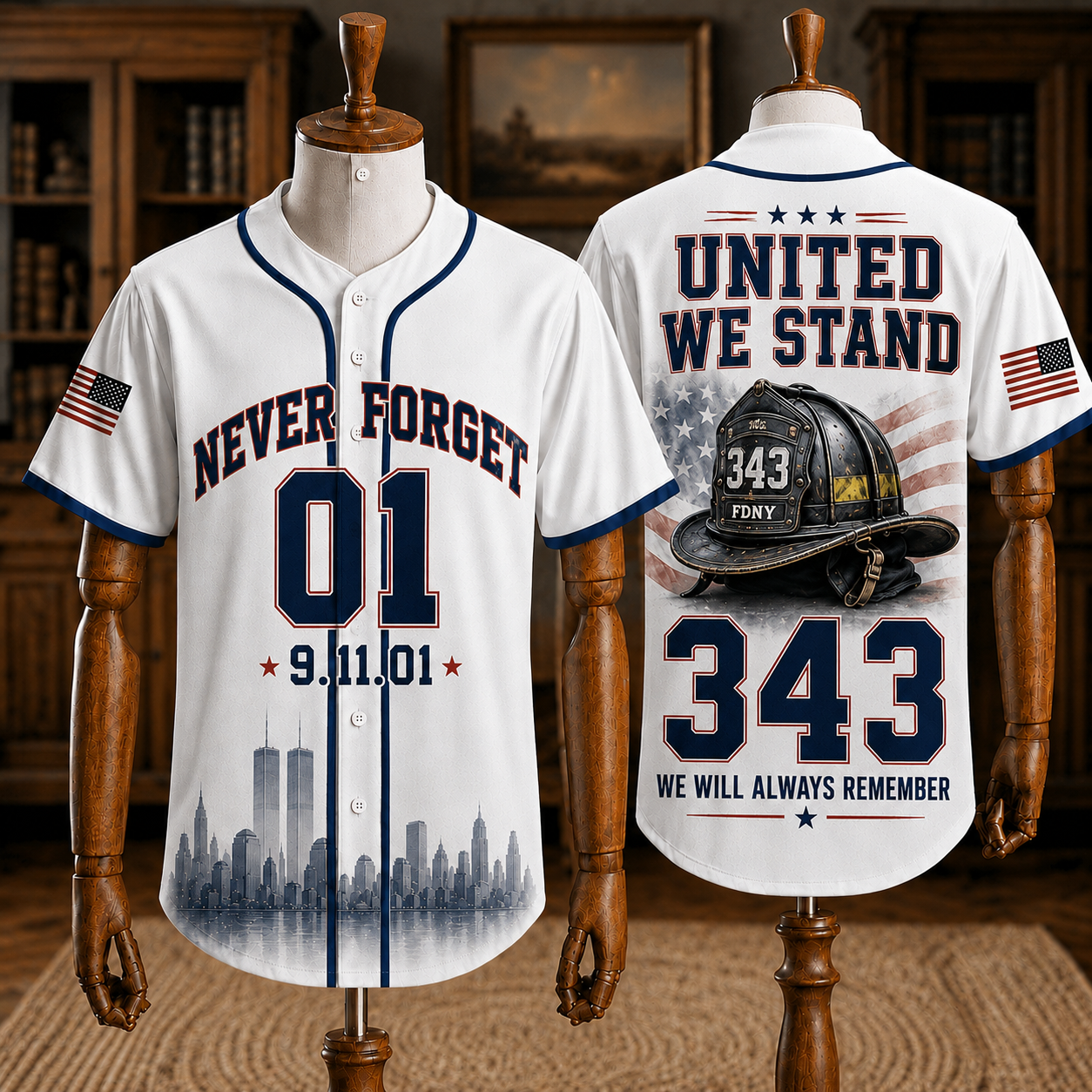 Never Forget 9/11 Memorial Baseball Jersey - Twin Towers & Firefighter Tribute