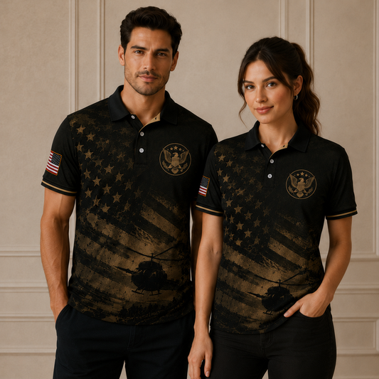 Black Veteran Helicopter Polo Shirt – American Flag Military Tribute Shirt