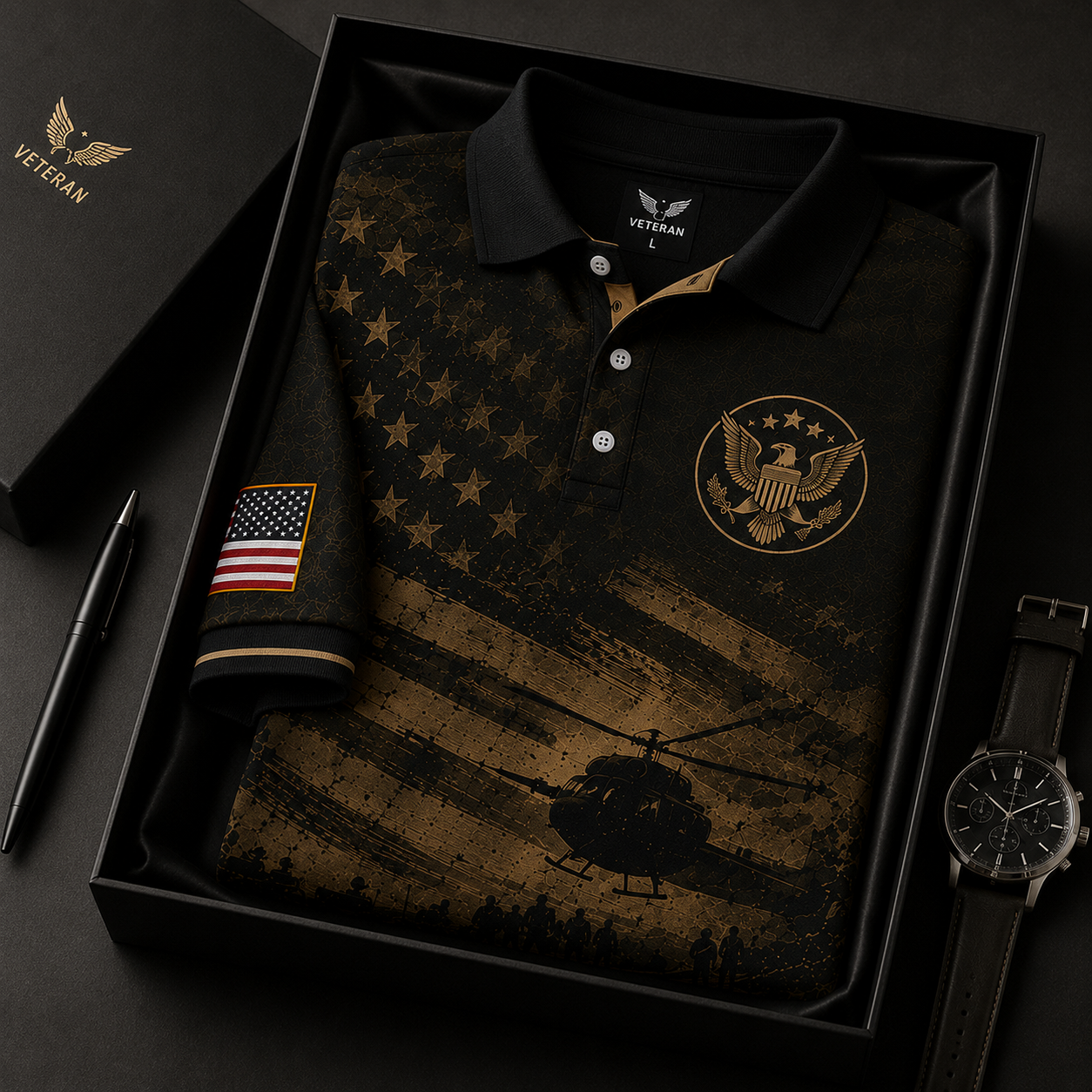 Black Veteran Helicopter Polo Shirt – American Flag Military Tribute Shirt