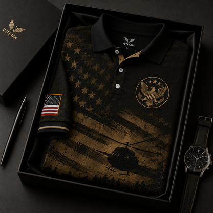 Black Veteran Helicopter Polo Shirt – American Flag Military Tribute Shirt