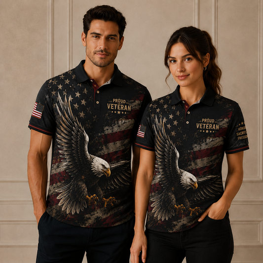 Proud Veteran Eagle Polo Shirt – Black American Flag Military Tribute Polo