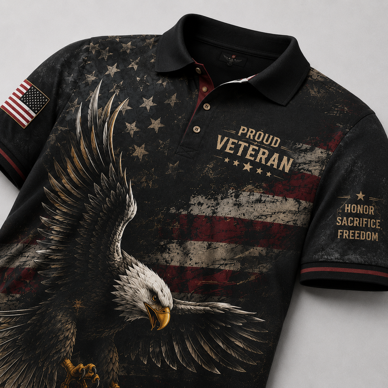 Proud Veteran Eagle Polo Shirt – Black American Flag Military Tribute Polo
