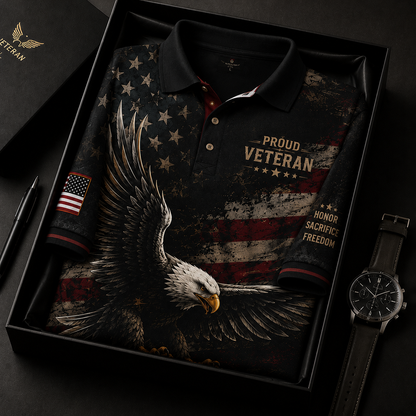 Proud Veteran Eagle Polo Shirt – Black American Flag Military Tribute Polo