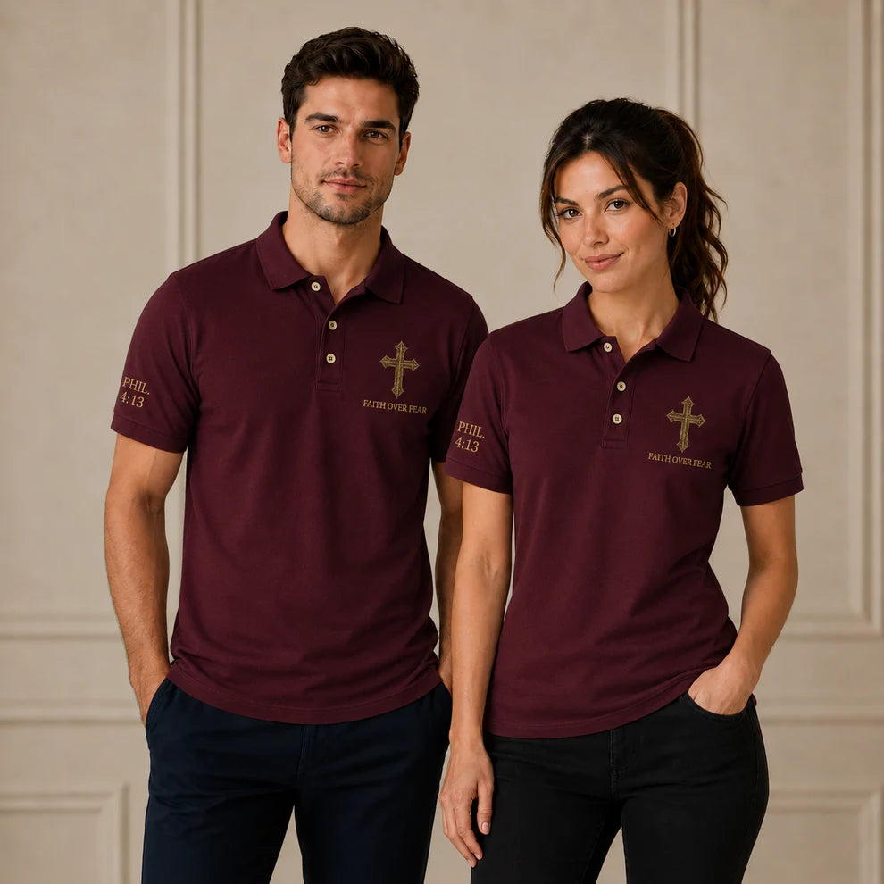 Black Faith Over Fear Christian Cross Polo Shirt – Philippians 4:13 Religious Polo