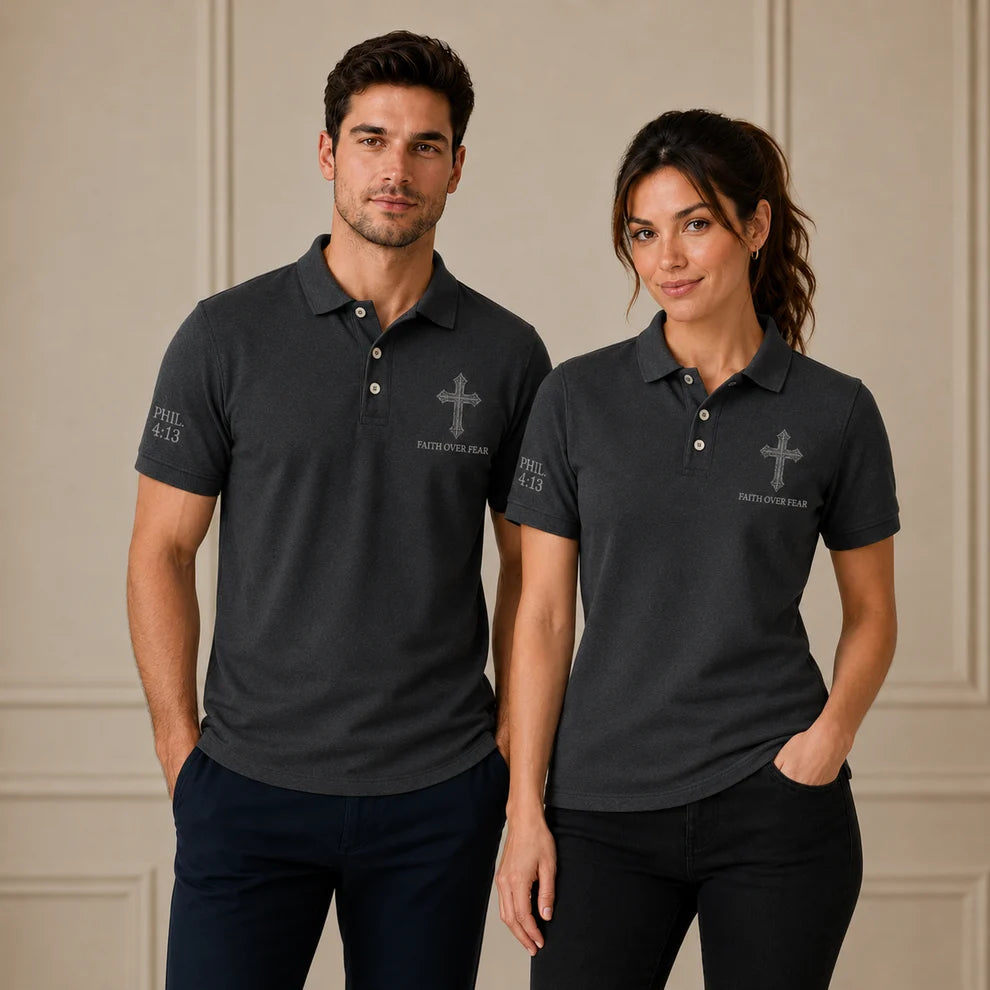 Black Faith Over Fear Christian Cross Polo Shirt – Philippians 4:13 Religious Polo