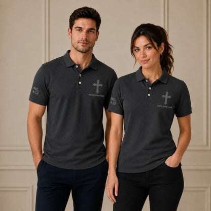 Black Faith Over Fear Christian Cross Polo Shirt – Philippians 4:13 Religious Polo