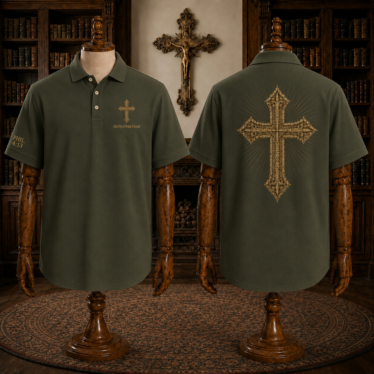 Black Faith Over Fear Christian Cross Polo Shirt – Philippians 4:13 Religious Polo