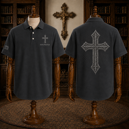 Black Faith Over Fear Christian Cross Polo Shirt – Philippians 4:13 Religious Polo