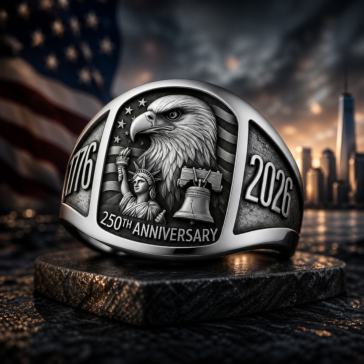 America 250th Ring 1776–2026 – Patriotic Engraved Adjustable Ring, One Size