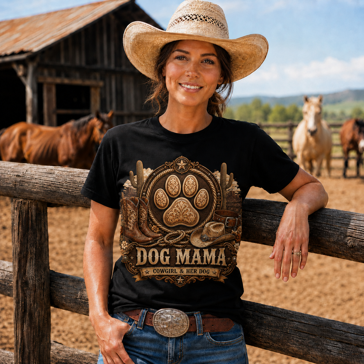 Dog Mama Cowgirl & Her Dog Western Graphic T-Shirt- Unisex Tshirt /Hoodie/Sweatshirt