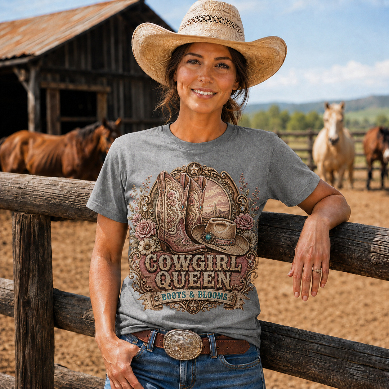 Cowgirl Queen Boots & Blooms Western Graphic T-Shirt-Unisex Tshirt /Hoodie/Sweatshirt