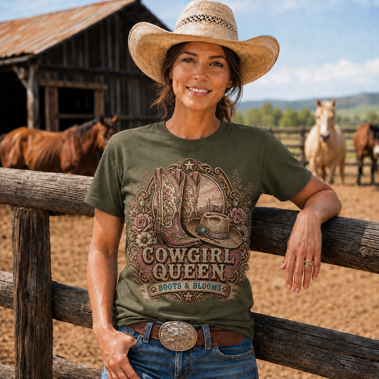 Cowgirl Queen Boots & Blooms Western Graphic T-Shirt-Unisex Tshirt /Hoodie/Sweatshirt