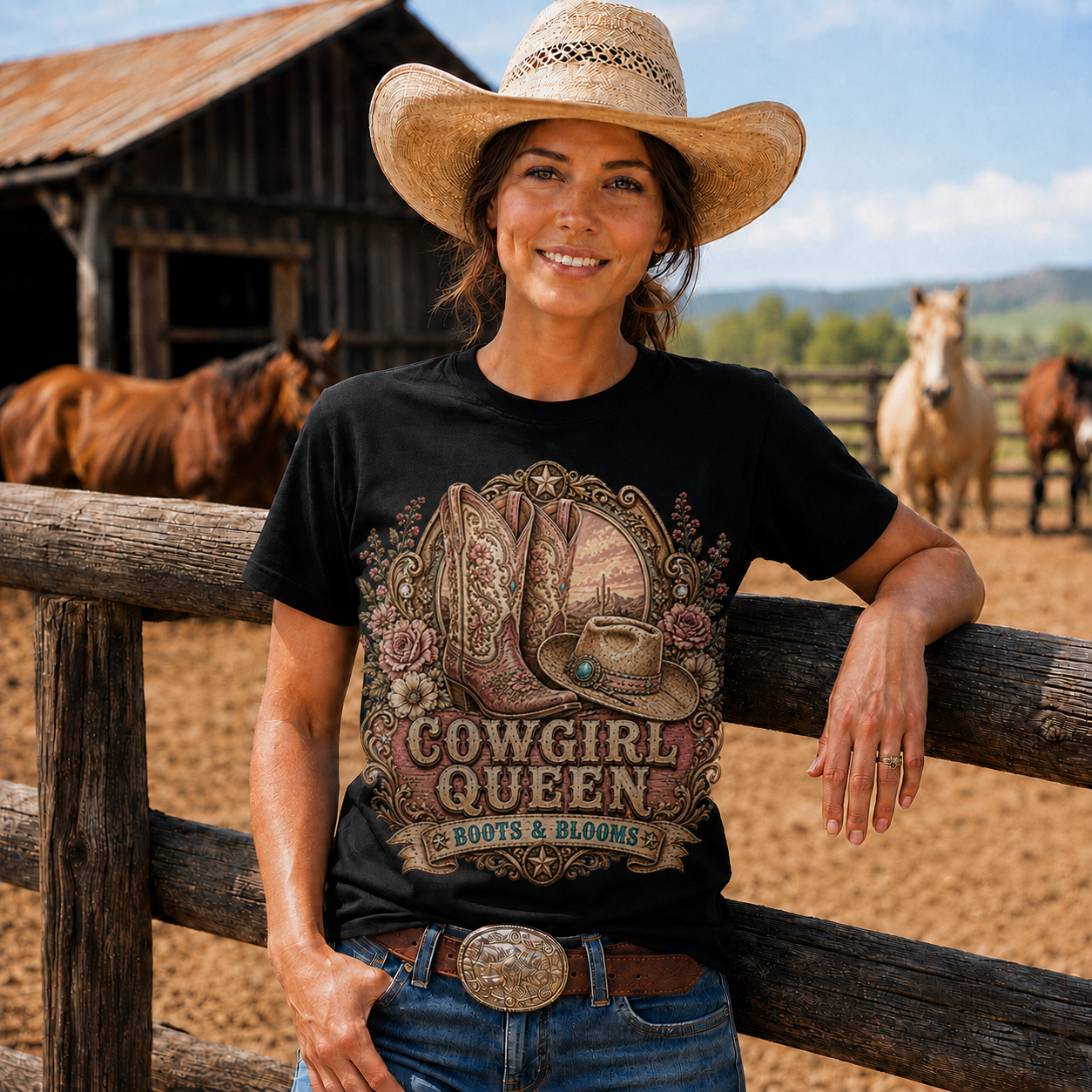 Cowgirl Queen Boots & Blooms Western Graphic T-Shirt-Unisex Tshirt /Hoodie/Sweatshirt