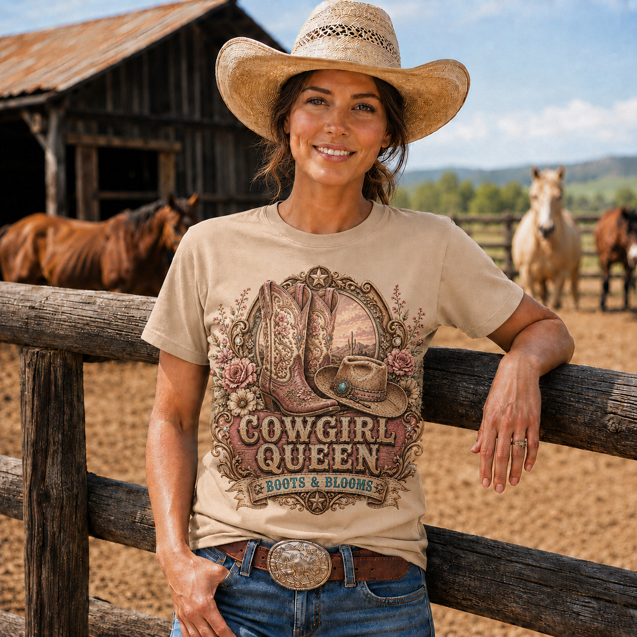Cowgirl Queen Boots & Blooms Western Graphic T-Shirt-Unisex Tshirt /Hoodie/Sweatshirt