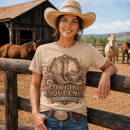 Cowgirl Queen Boots & Blooms Western Graphic T-Shirt-Unisex Tshirt /Hoodie/Sweatshirt