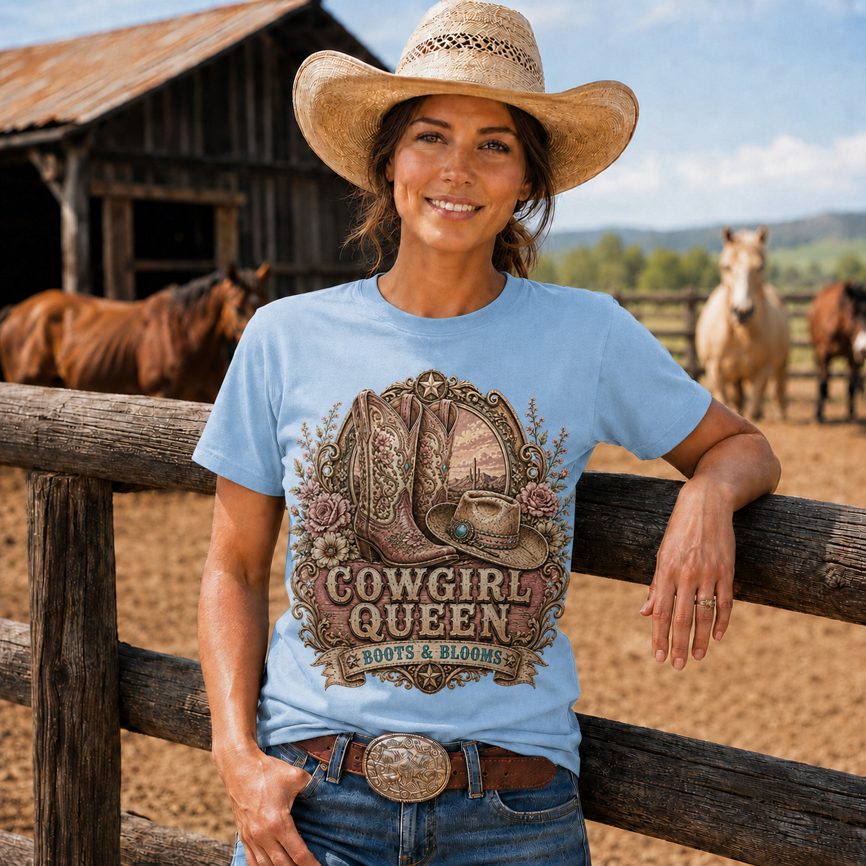 Cowgirl Queen Boots & Blooms Western Graphic T-Shirt-Unisex Tshirt /Hoodie/Sweatshirt