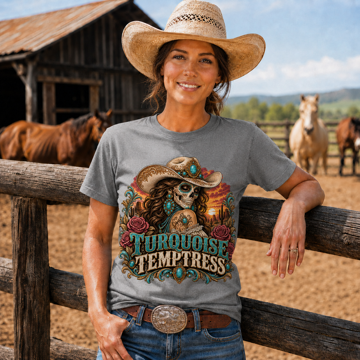 Turquoise Temptress Western Cowgirl Graphic T-Shirt - Unisex Tshirt /Hoodie/Sweatshirt