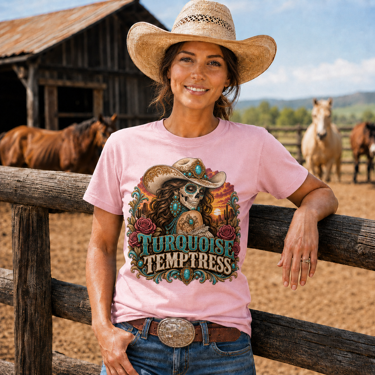 Turquoise Temptress Western Cowgirl Graphic T-Shirt - Unisex Tshirt /Hoodie/Sweatshirt