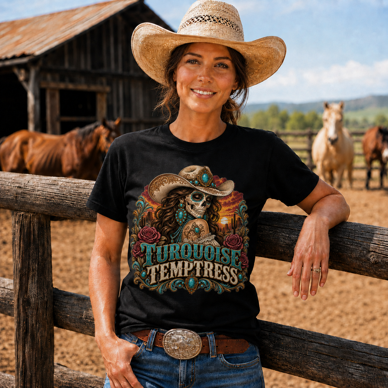 Turquoise Temptress Western Cowgirl Graphic T-Shirt - Unisex Tshirt /Hoodie/Sweatshirt