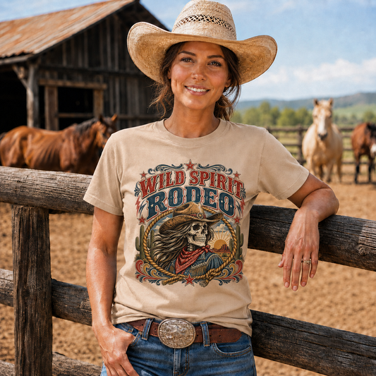Wild Spirit Rodeo Skeleton Cowgirl Western T-Shirt- Unisex Tshirt /Hoodie/Sweatshirt