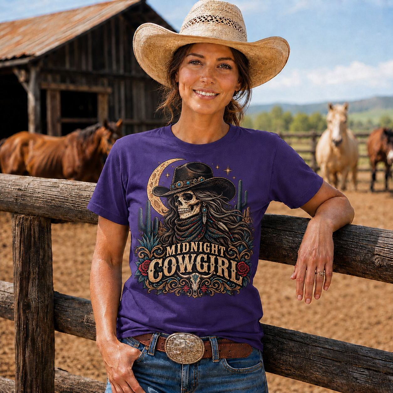 Midnight Cowgirl Western Skeleton Graphic T-Shirt-Unisex Tshirt /Hoodie/Sweatshirt