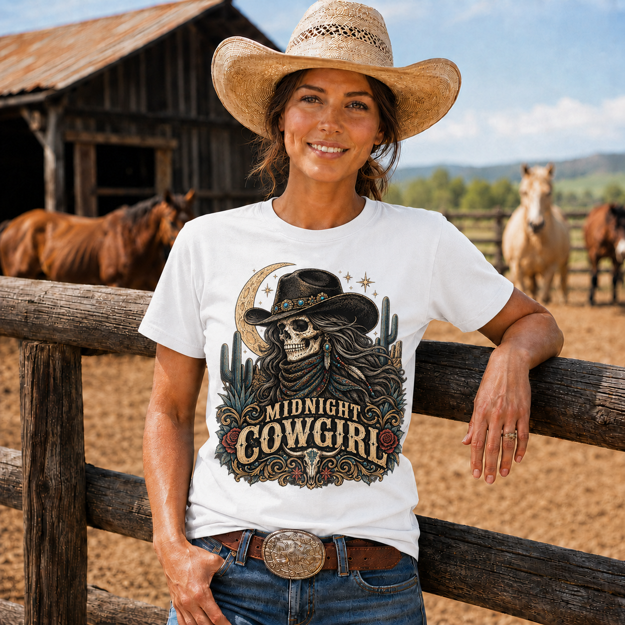 Midnight Cowgirl Western Skeleton Graphic T-Shirt-Unisex Tshirt /Hoodie/Sweatshirt