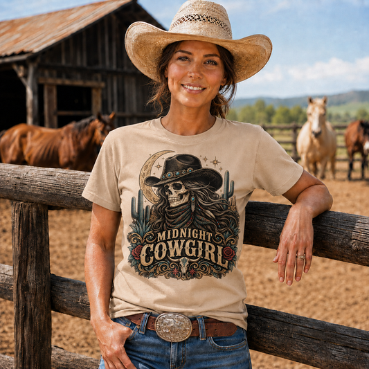 Midnight Cowgirl Western Skeleton Graphic T-Shirt-Unisex Tshirt /Hoodie/Sweatshirt