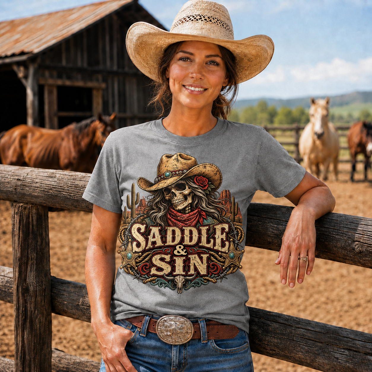 Saddle & Sin Western Skeleton Cowgirl -Unisex Tshirt /Hoodie/Sweatshirt