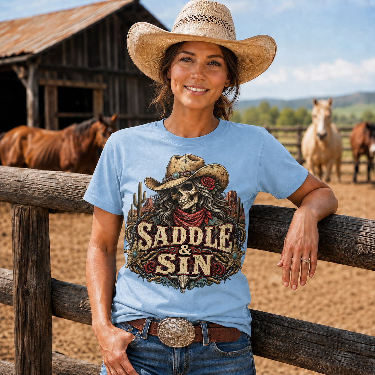 Saddle & Sin Western Skeleton Cowgirl -Unisex Tshirt /Hoodie/Sweatshirt
