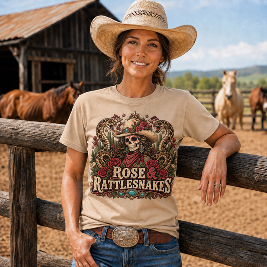 Rose & Rattlesnakes Western Cowgirl Graphic-Unisex Tshirt /Hoodie/Sweatshirt