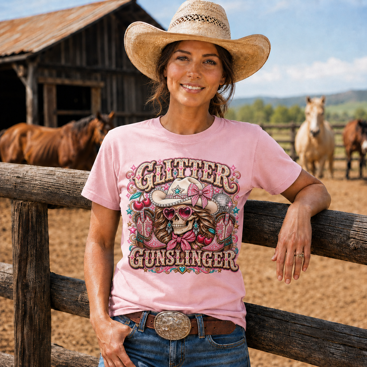 Glitter Gunslinger Pink Cowgirl Western-Unisex Tshirt /Hoodie/Sweatshirt