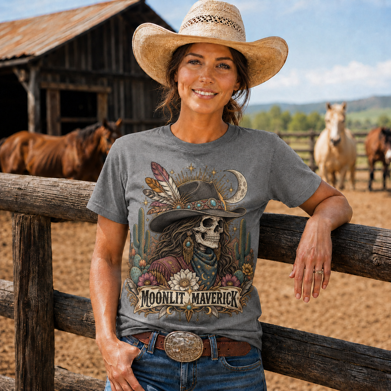 Moonlit Maverick Skeleton Cowgirl Western Tee -Unisex Tshirt /Hoodie/Sweatshirt