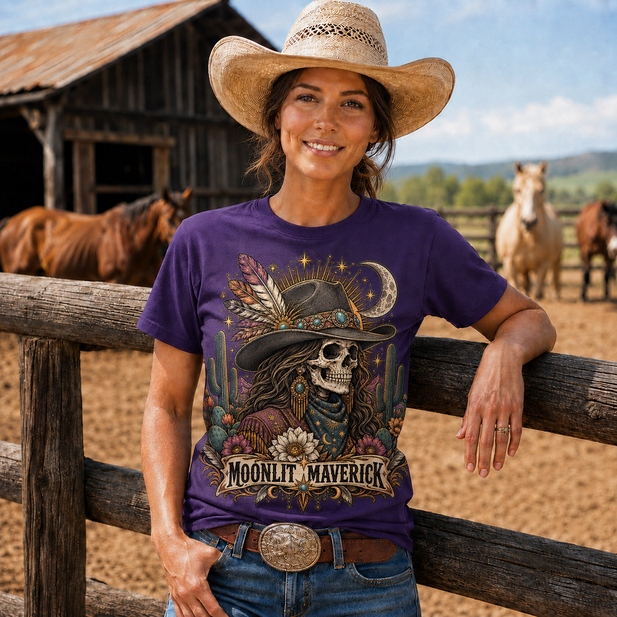 Moonlit Maverick Skeleton Cowgirl Western Tee -Unisex Tshirt /Hoodie/Sweatshirt