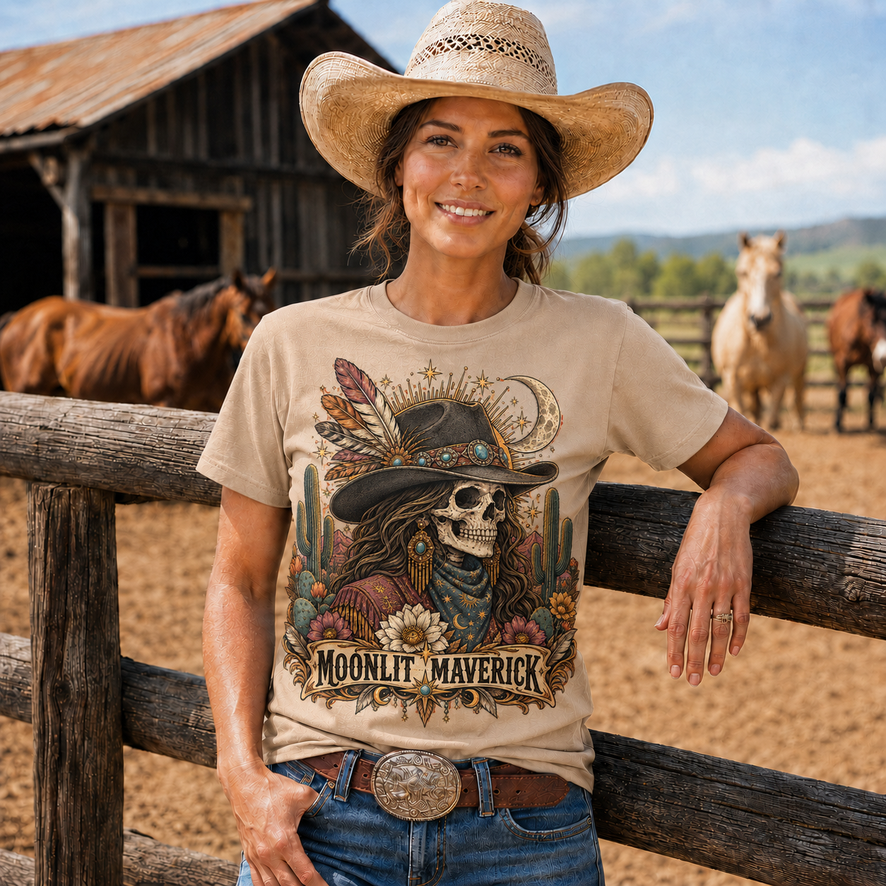 Moonlit Maverick Skeleton Cowgirl Western Tee -Unisex Tshirt /Hoodie/Sweatshirt