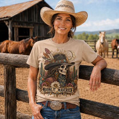 Moonlit Maverick Skeleton Cowgirl Western Tee -Unisex Tshirt /Hoodie/Sweatshirt