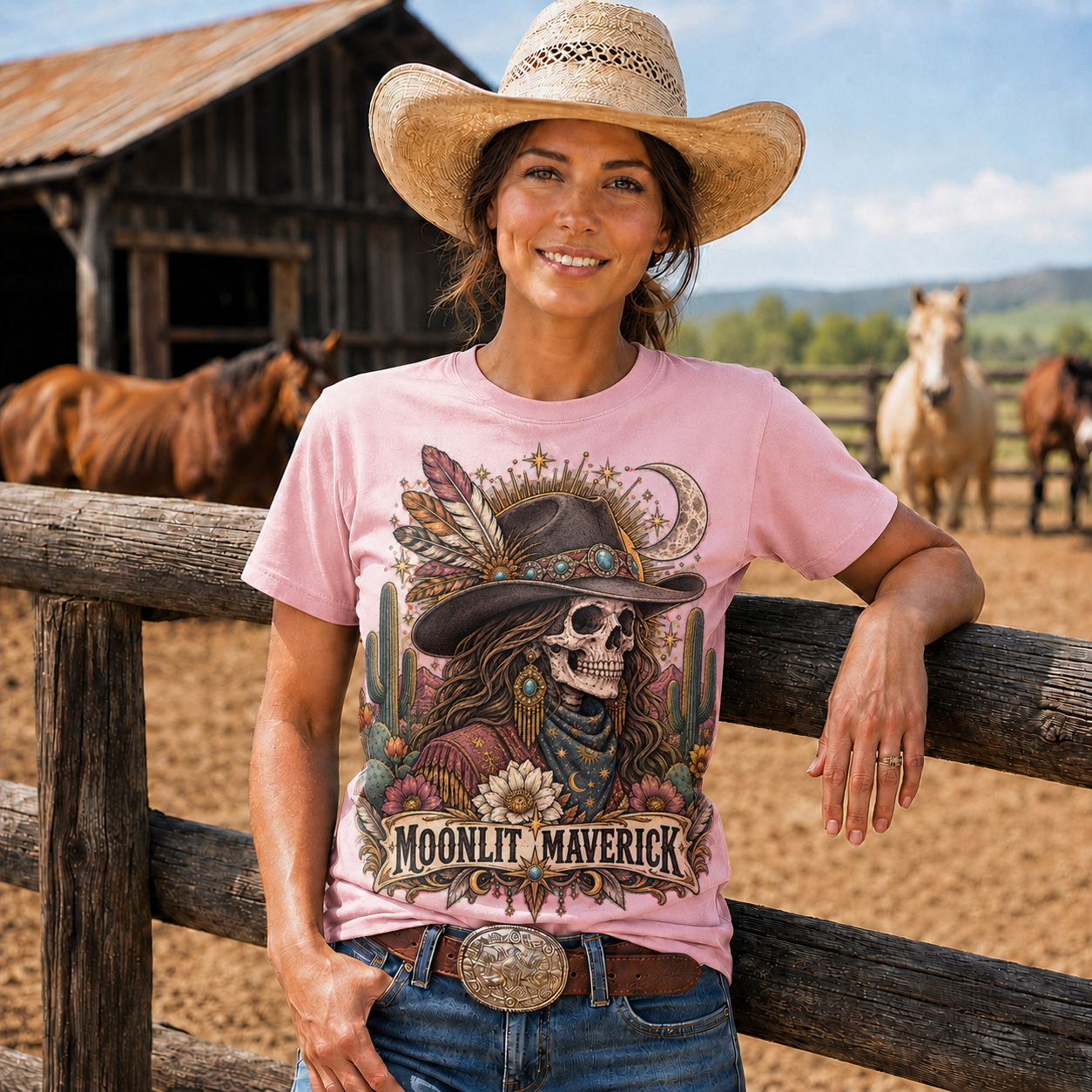 Moonlit Maverick Skeleton Cowgirl Western Tee -Unisex Tshirt /Hoodie/Sweatshirt