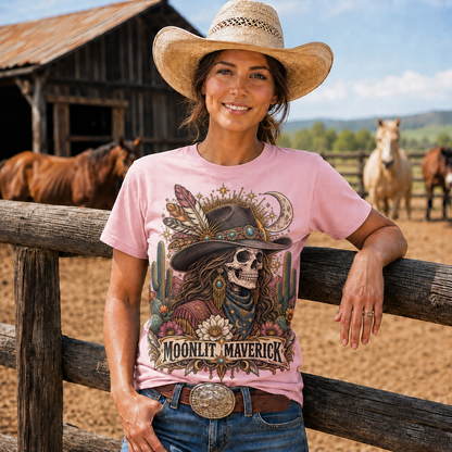 Moonlit Maverick Skeleton Cowgirl Western Tee -Unisex Tshirt /Hoodie/Sweatshirt