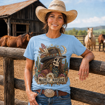 Moonlit Maverick Skeleton Cowgirl Western Tee -Unisex Tshirt /Hoodie/Sweatshirt