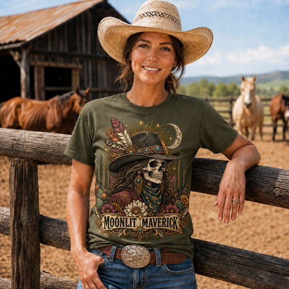 Moonlit Maverick Skeleton Cowgirl Western Tee -Unisex Tshirt /Hoodie/Sweatshirt