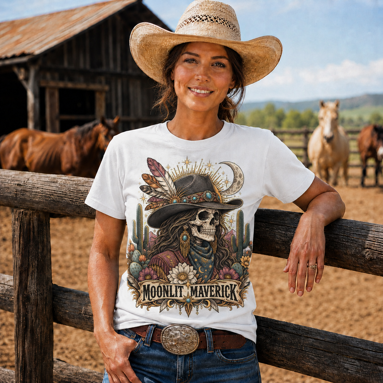 Moonlit Maverick Skeleton Cowgirl Western Tee -Unisex Tshirt /Hoodie/Sweatshirt