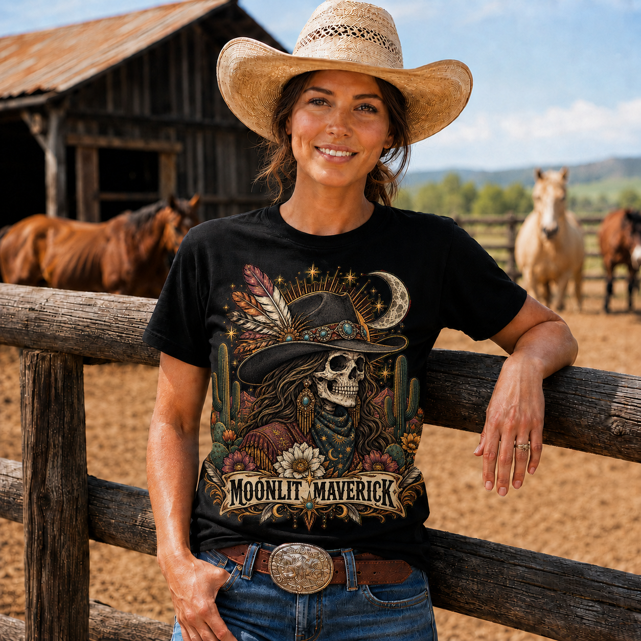 Moonlit Maverick Skeleton Cowgirl Western Tee -Unisex Tshirt /Hoodie/Sweatshirt