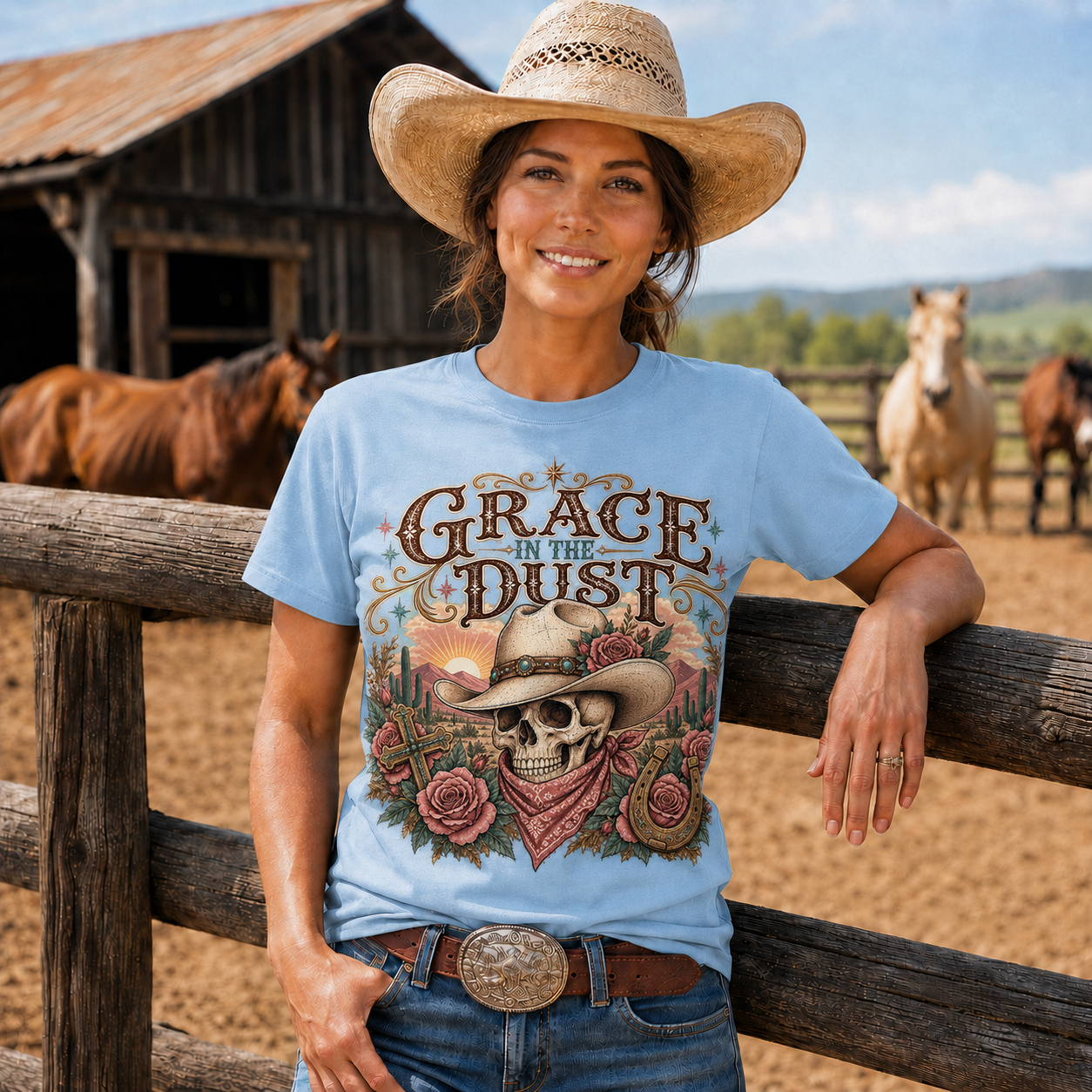 Grace in the Dust Cowgirl Skull Western -Unisex Tshirt /Hoodie/Sweatshirt