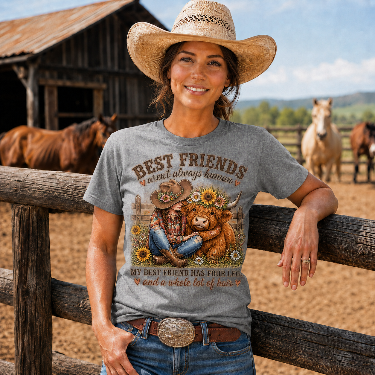 Best Friends Aren’t Always Human Cowgirl Highland Cow Tee -Unisex Tshirt /Hoodie/Sweatshirt