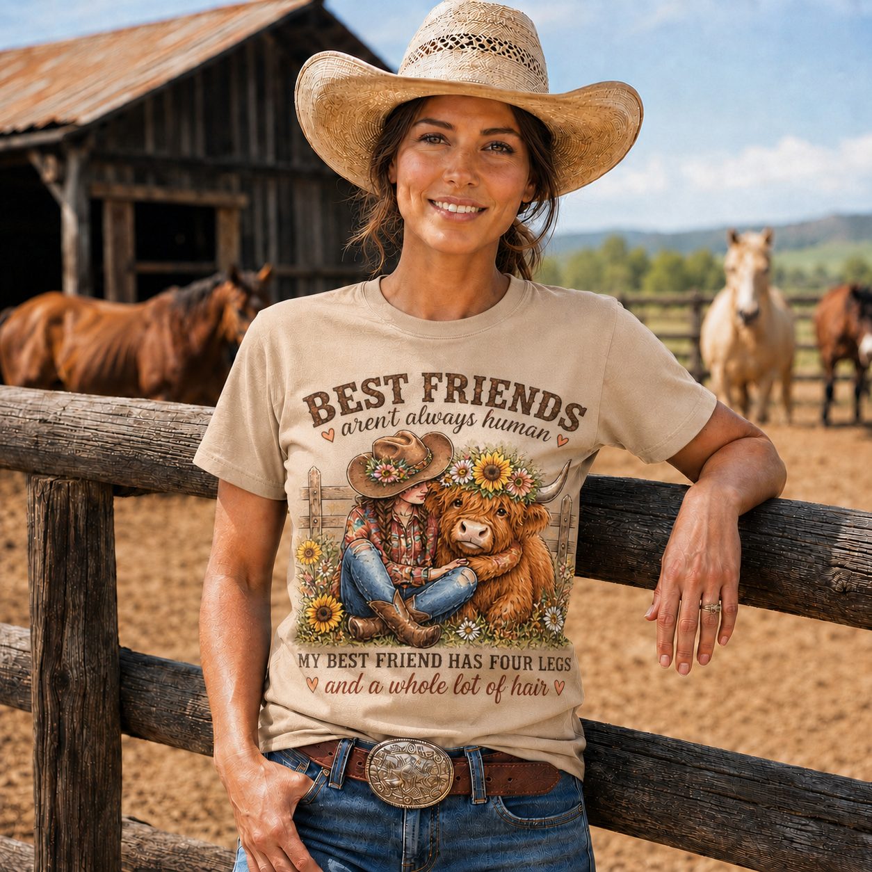 Best Friends Aren’t Always Human Cowgirl Highland Cow Tee -Unisex Tshirt /Hoodie/Sweatshirt