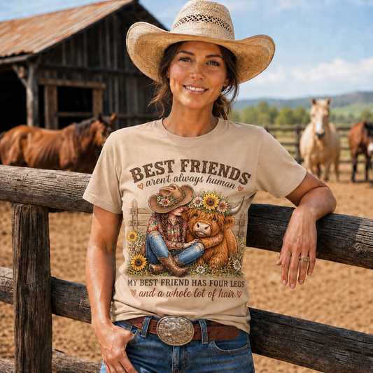 Best Friends Aren’t Always Human Cowgirl Highland Cow Tee -Unisex Tshirt /Hoodie/Sweatshirt