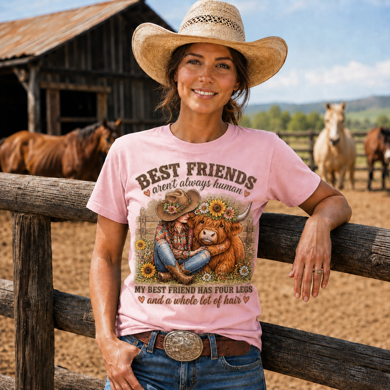 Best Friends Aren’t Always Human Cowgirl Highland Cow Tee -Unisex Tshirt /Hoodie/Sweatshirt